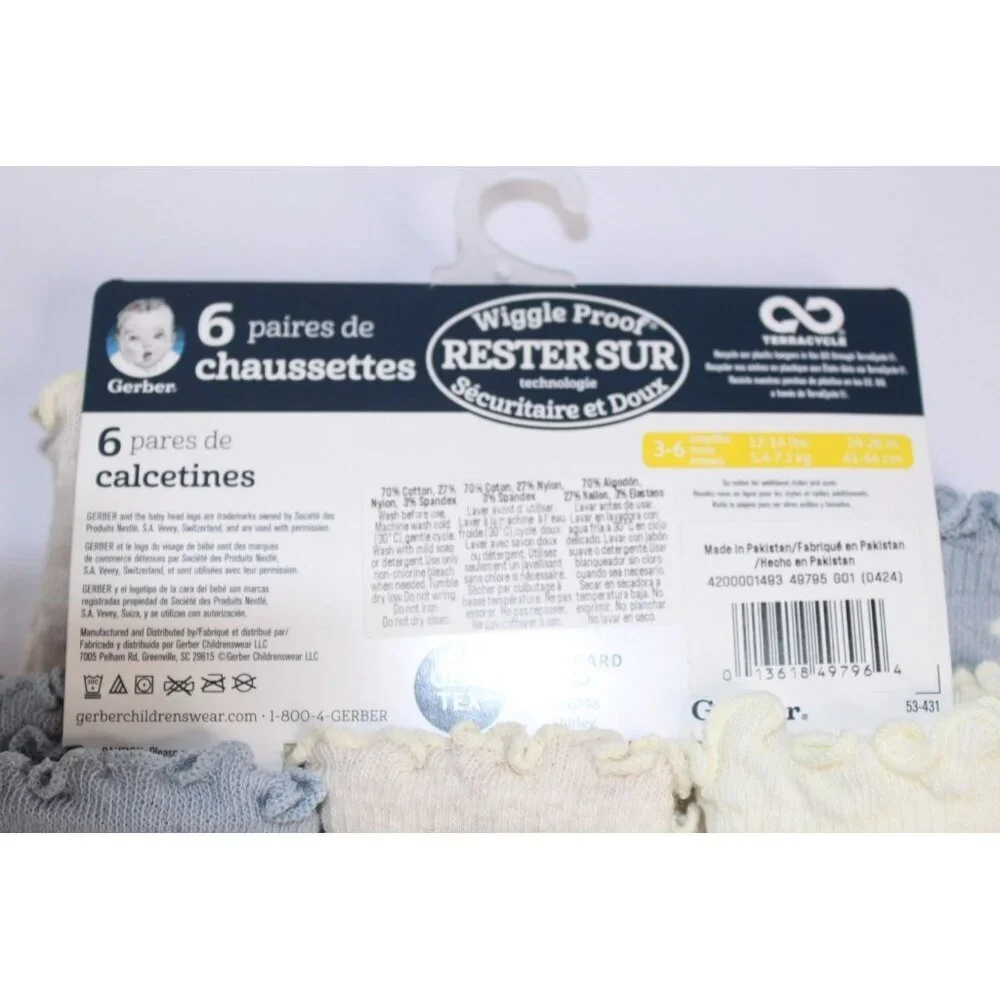 Gerber‎ Wiggle Proof Stay On Infant Bootie Socks 3-6 Months Beige Blue 6 Pack
